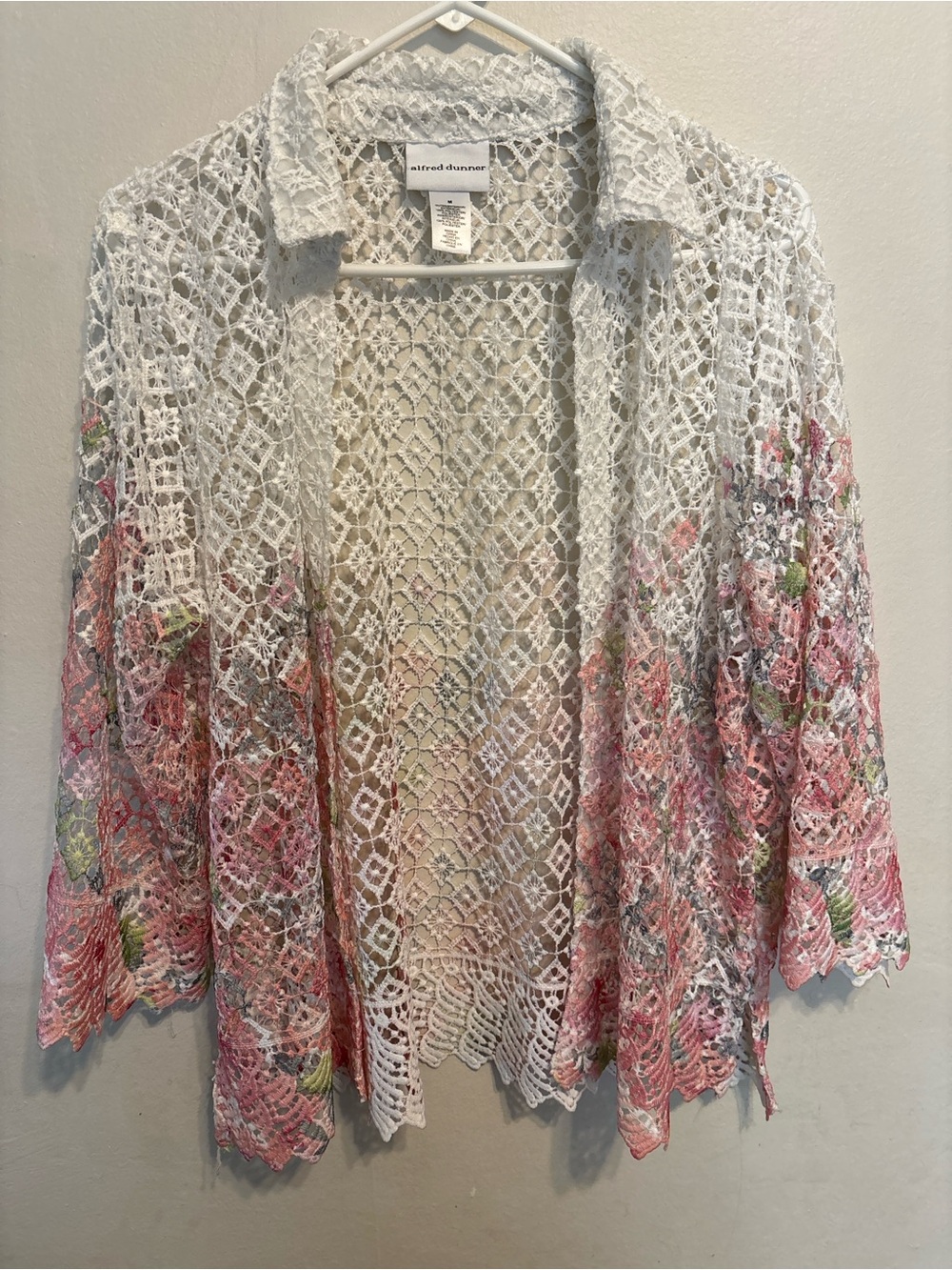 Alfred Dunner White Crochet Open-Front Cardigan with Pink Floral Accents